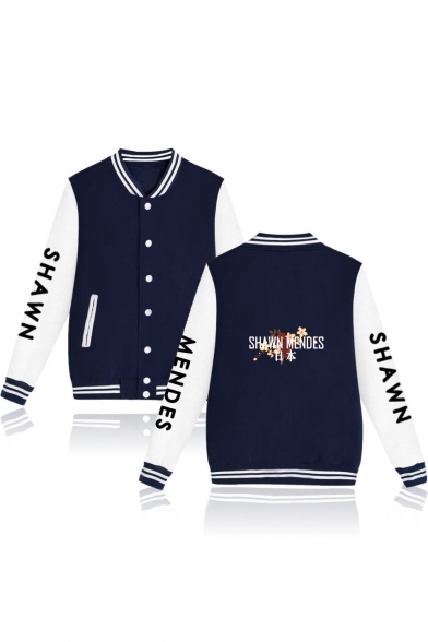 Color Block Floral Letter Printed Long Sleeve Rib Trim Single Breasted Stand Collar Baseball Jacket