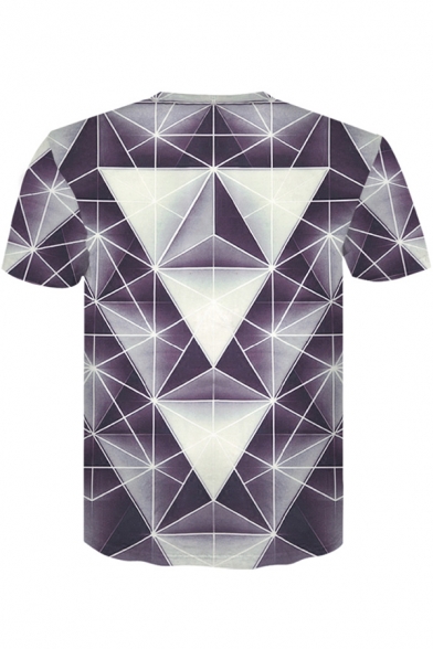 Cool 3D Diamond Geometric Print Short Sleeve Purple T-Shirt