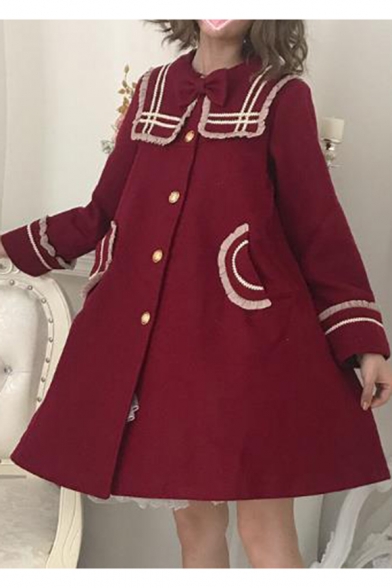 Cute Contrast Trim Bow Embellished Single Breasted Long Sleeve Navy Collar Burgundy Lolita Woolen Coat