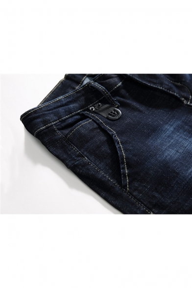 Dark Blue Bleach Washed Men's Stretch Slim Fit Jeans