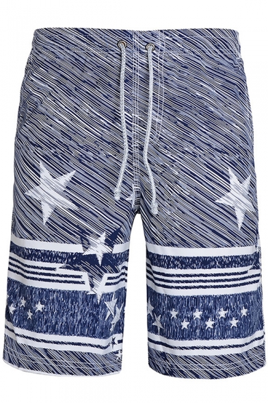 Fashion Blue Five-Pointed Star Mens Summer Beach Swim Trunks with Drawstring and Pockets