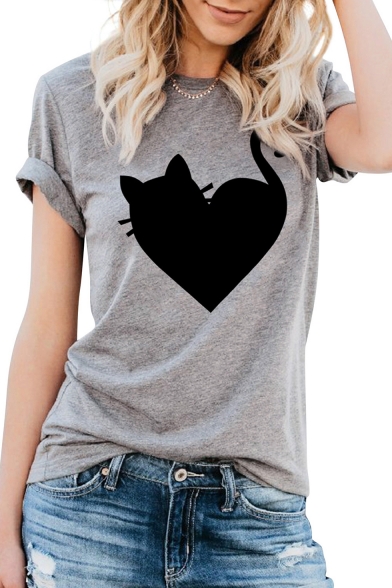 Funny Heart Cat Pattern Round Neck Short Sleeve Casual Tee