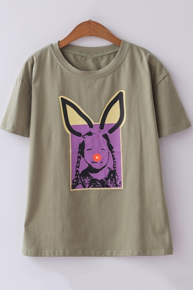Lovely Rabbit Ear Girl Print Short Sleeve Loose Fit T-Shirt