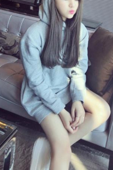 Lovely Rabbit Ear Long Sleeve Basic Solid Gray Loose Fitted Tunic Hoodie
