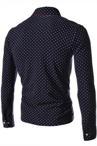 Men's British Style Fashion Polka Dot Printed Four-Button Long Sleeve Fitted Polo