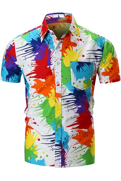 Men's Cool Unique Colorful Paint Short Sleeve White Beach Shirt