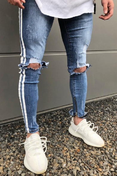 Men's New Stylish Cool Stripe Side Knee Cut Zip-Embellished Cuff Ripped Skinny Jeans in Light Blue