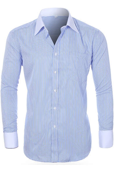 Mens Contrast Collar Spread Collar Trendy Vertical Pinstripe Print French Cuff Fitted Button-Up Cotton Shirt