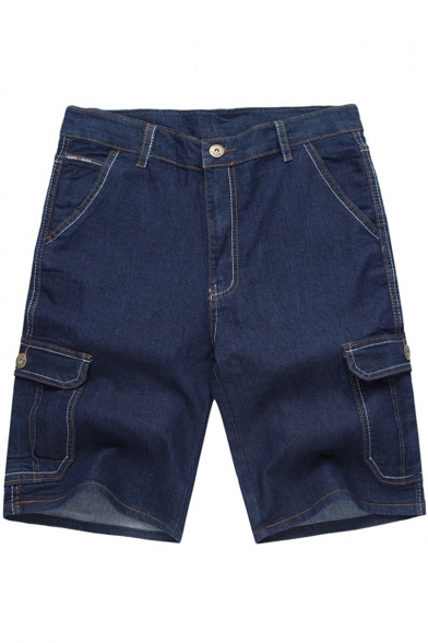 Mens New Fashion Simple Plain Contrast Piping Flap Pocket Side Blue Denim Shorts