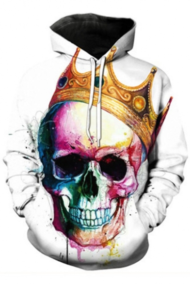 New Trendy Cool Crown Skull 3D Printed Relaxed Fit Hoodie in White