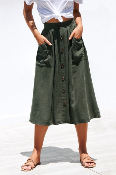 New Trendy Solid Color Elastic Waist Button-Down Casual Midi A-Line Skirt