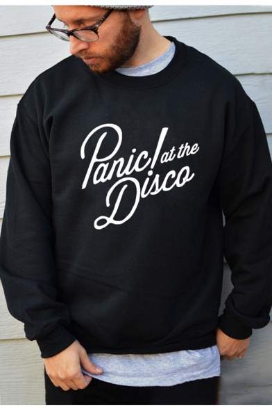 

PANIC AT THE DISCO Letter Printed Round Neck Long Sleeve Pullover Sweatshirt, Black;white;gray