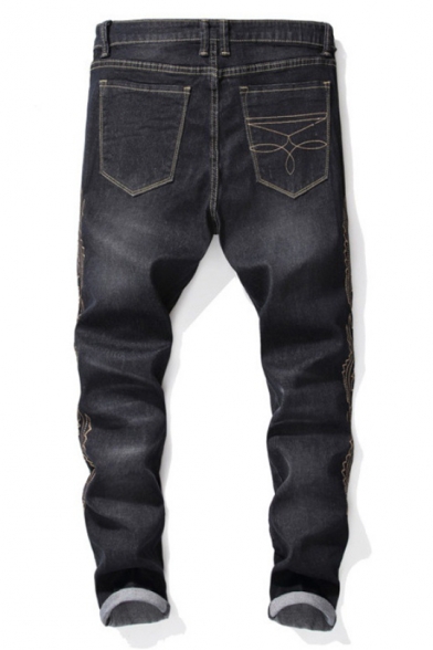 Stylish Embroidery Side Stretch Fitted Black Jeans for Men