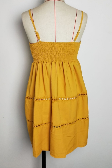 Summer Fashion Yellow Hollow out Strap Plain Mini A-Line Slip Dress