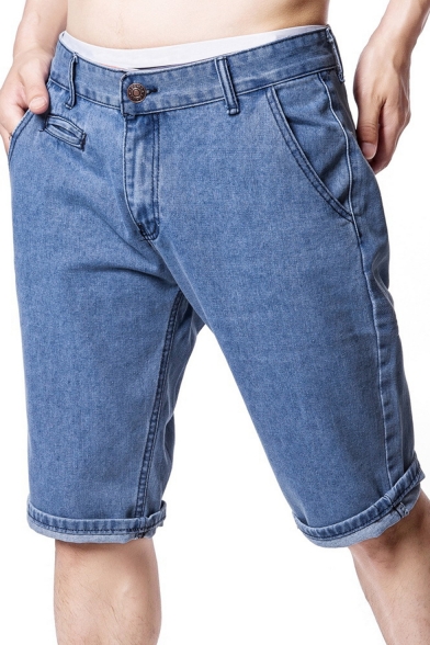 Summer New Trendy Simple Plain Mens Straight-Leg Casual Denim Shorts