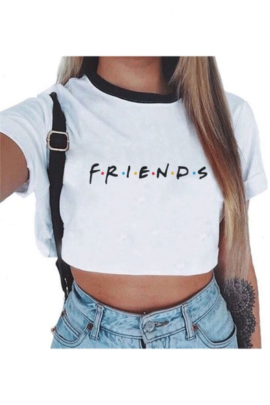 Summer Simple Letter FRIENDS Printed Short Sleeve Round Neck Cropped White T-Shirt