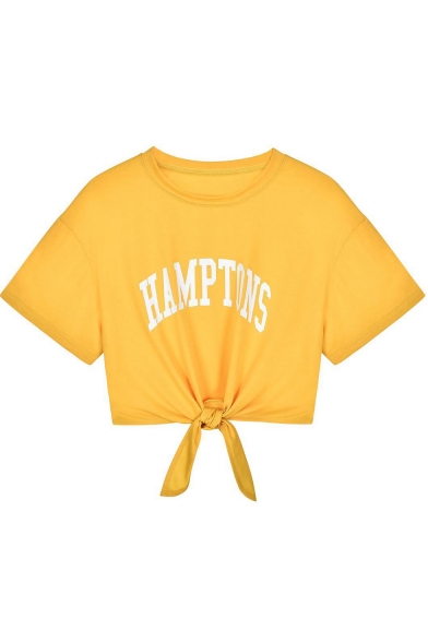 Summer Simple Letter HAMPTONS Printed Short Sleeve Round Neck Tied Hem Cropped T-Shirt