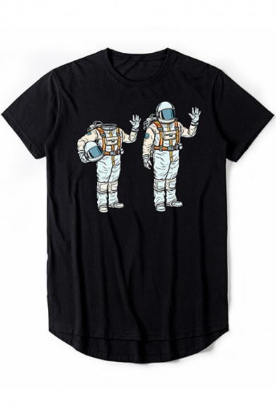 ummer New Trendy Funny Astronaut Pattern Short Sleeve Round Hem Longline T-Shirt