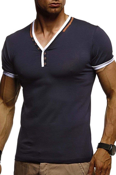 Unique Patched V-Neck Short Sleeve Men's Fitness T-Shirt