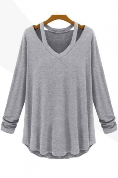 Women's Sexy Cold-Shoulder Long Sleeve Simple Plain Loose Fit T-Shirt