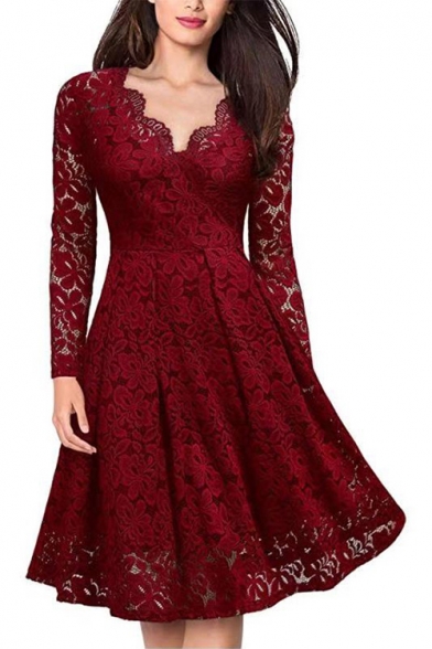 Women's Sexy V-Neck Long Sleeve Solid Color Midi A-Line Lace Dress