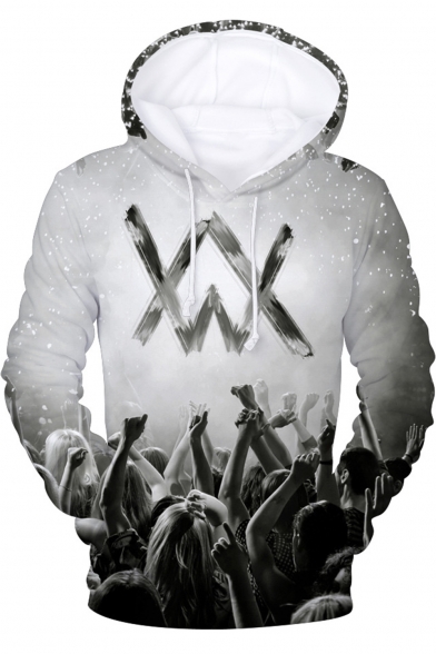 Norwegian DJ 3D Double W Logo Figure Printed Sport Casual Long Sleeve Pullover Grey Drawstring Hoodie