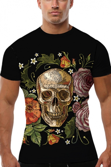 Awesome 3D Floral Skull Printed Crewneck Short Sleeve Black Fitted T-Shirt