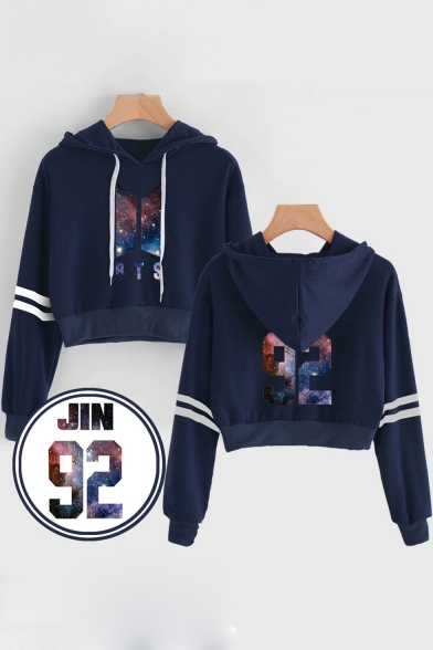 Fashion Galaxy Logo Printed Long Sleeve Cropped Pullover Loose Hoodie