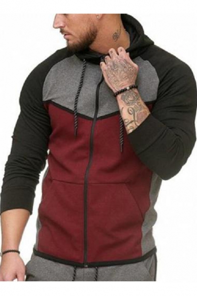 Chic Burgundy and Black Color Block Long Sleeve Zippered Hoodie with Pockets