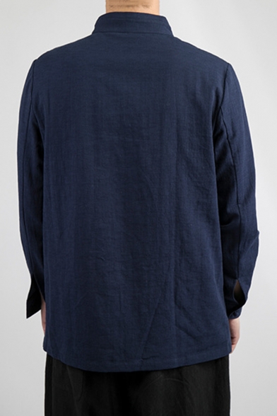 Chinese Style Retro Mandarin Collar Concealed Button-Front Solid Linen Shirt for Men