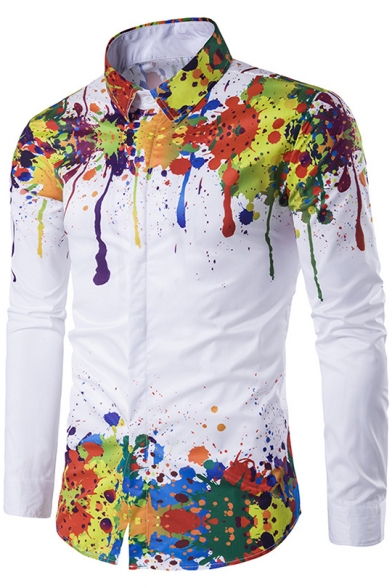 Cool Awesome Splash Ink Painted Men's White Long Sleeve Fitted Button-Up Shirt
