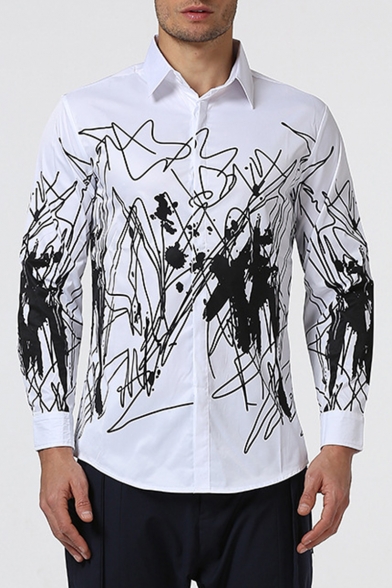 Creative Ink Graffiti Printed Basic Long Sleeve Button-Down White Shirt for Men
