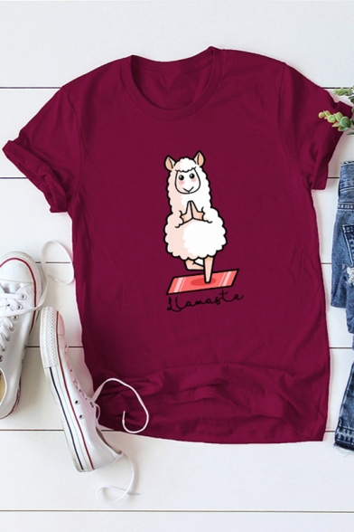 Cute Cartoon Yoga Sheep Pattern Simple Short Sleeve Cotton T-Shirt