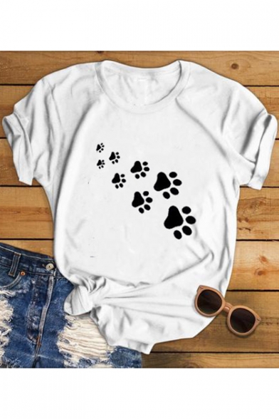 Cute Cat Footprint Short Sleeve Round Neck Casual Cotton T-Shirt