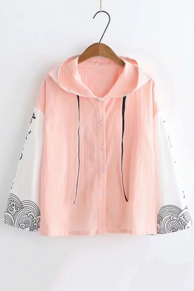 Cute Lovely Japanese Character Print Long Sleeve Drawstring Hooded Button Cotton Coat