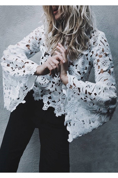 Fancy Floral Lace Panel Hollow Out Wide Sleeves Loose Cropped Blouse