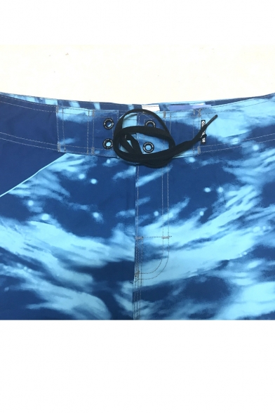 Fashion Blue Printed Beach Pants Men's Drawcord Surfing Swim Shorts with Cargo Side Pockets