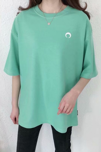 Fashion Simple Moon Embroidered Crew Neck Summer Cotton Relaxed T-Shirt