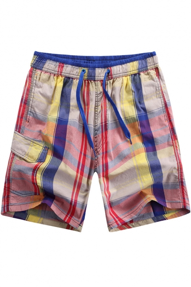 Fast Drying Color Plaid Elastic Waist Cotton Casual Loose Mens Summer Swim Shorts