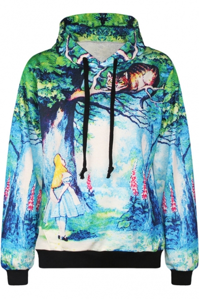 Green Forest Alice and Cat 3D Printed Pullover Sport Relaxed Hoodie