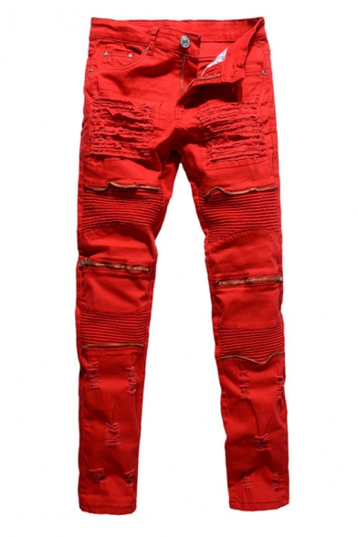 Guys Cool Zipper Embellished Night Club Distressed Ripped Skinny Fit Jeans