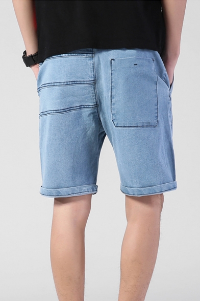 Guys Summer New Trendy Drawstring Waist Casual Loose Plain Denim Shorts