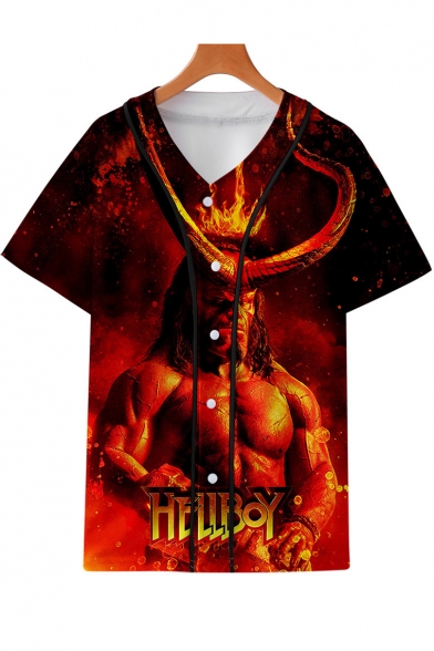 Hellboy New Trendy Cool 3D Figure Print Short Sleeve Button-Front Baseball Shirt
