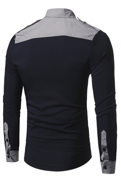 Men's Cool Military Shoulder Flash Detail Double Flap Pocket Colorblock Patchwork Slim Dark Navy Work Shirt