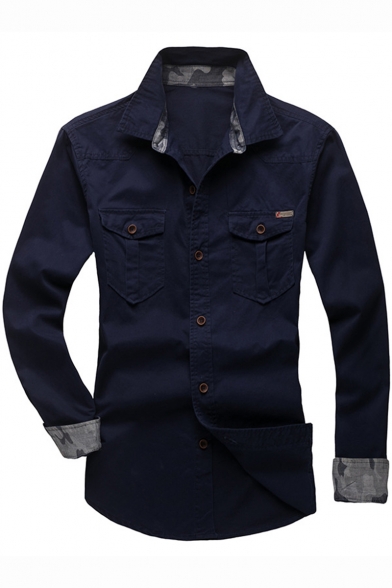Men's New Fashion Long Sleeve Fitted Button Down Cotton Military Shirt