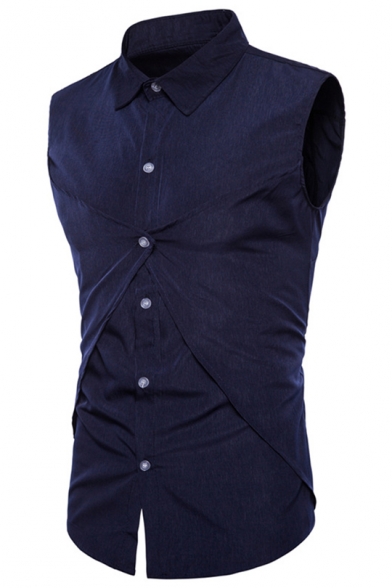 Men's New Stylish Cool Sleeveless Simple Plain Slim Fit Button-Up Shirt