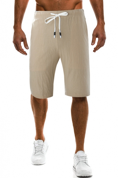 Men's Summer Solid Color Drawstring-Waist Straight Relaxed Cotton Casual Shorts