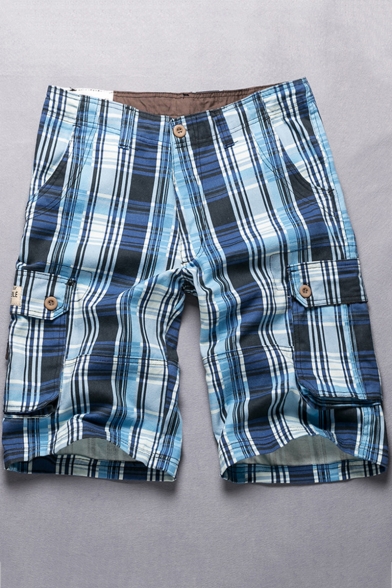 Men's Trendy Check Pattern Button Pocket Cotton Loose Casual Cargo Shorts (Pictures for Reference)