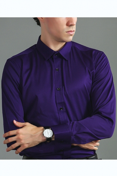SHOWNO Mens Solid Cotton Regular Fit Long Sleeve Business Button Up Dress Shirt 