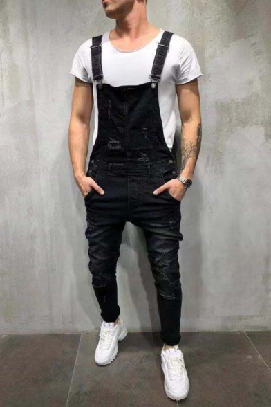 Mens Cool Casual Washed-Denim Fashion Ripped Destroyed Slim Fit Overall Jeans